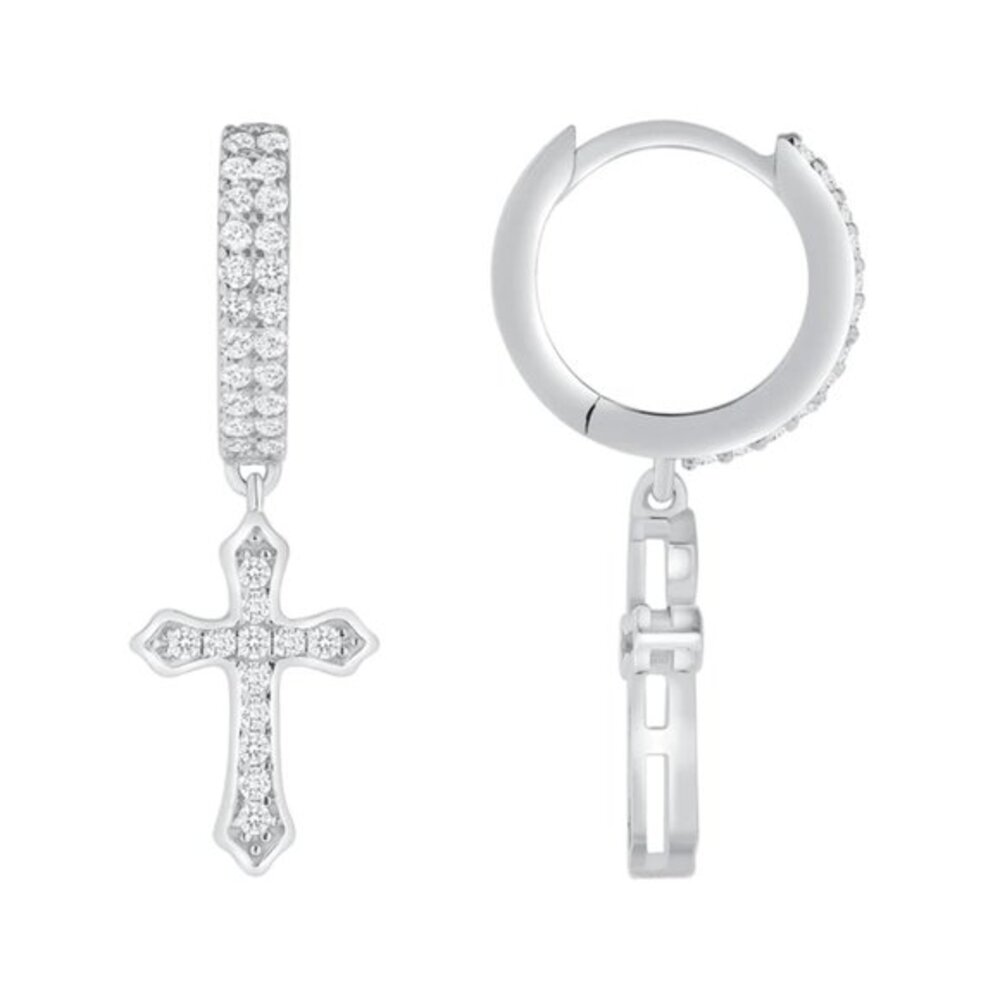 Silver 925 Rhodium Plated Cubic Zirconia Huggies Cross  Earrings